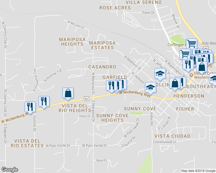 map of restaurants, bars, coffee shops, grocery stores, and more near 634 West El Pajarito Drive in Wickenburg