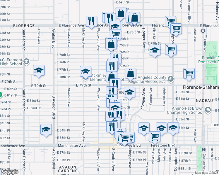 map of restaurants, bars, coffee shops, grocery stores, and more near 1018 East 79th Street in Los Angeles