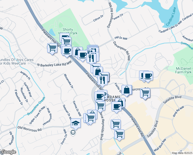 map of restaurants, bars, coffee shops, grocery stores, and more near 2476 Pleasant Hill Rd in Duluth