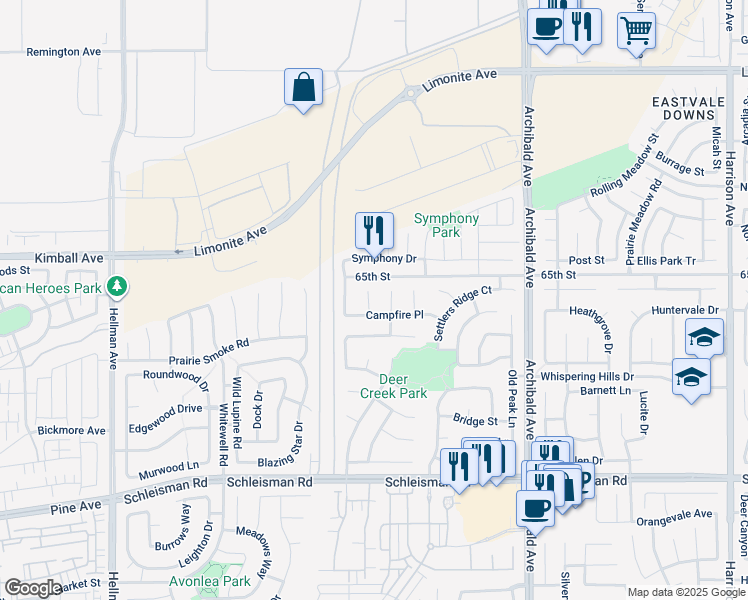 map of restaurants, bars, coffee shops, grocery stores, and more near 6650 Ashford Mill Court in Corona