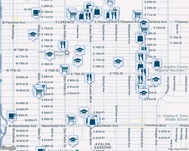 map of restaurants, bars, coffee shops, grocery stores, and more near 612 East 79th Street in Los Angeles
