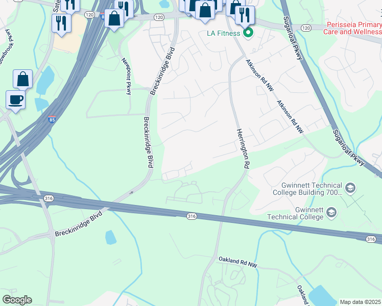 map of restaurants, bars, coffee shops, grocery stores, and more near 1646 Sandy Beach Point in Lawrenceville
