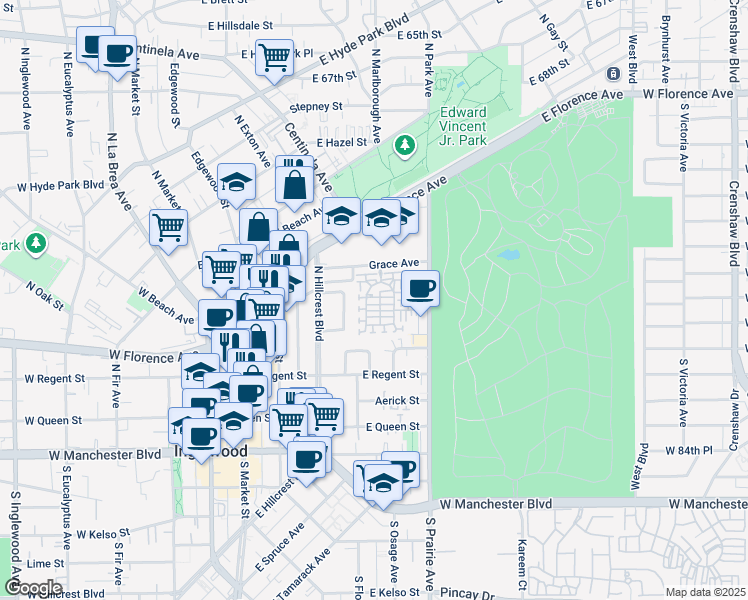 map of restaurants, bars, coffee shops, grocery stores, and more near 605 Daniel Freeman Circle in Inglewood