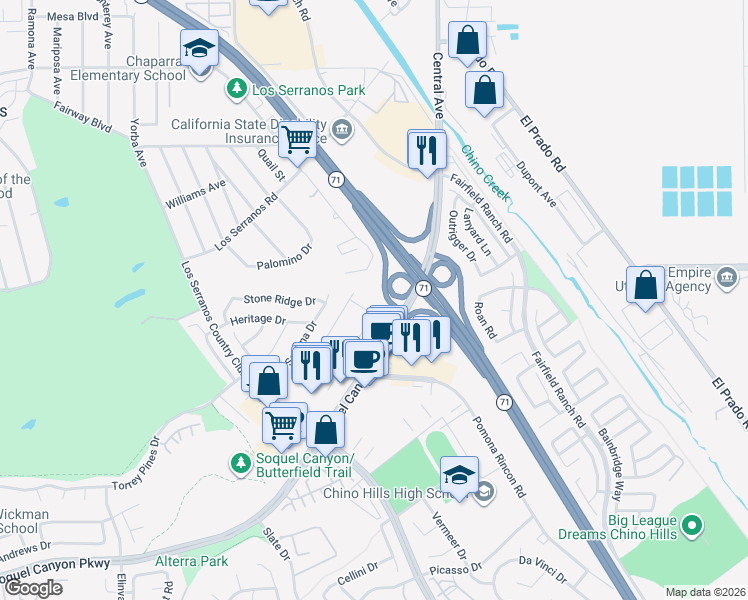 map of restaurants, bars, coffee shops, grocery stores, and more near 5198 Arlington Drive in Chino Hills