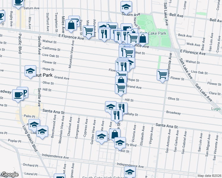 map of restaurants, bars, coffee shops, grocery stores, and more near 3153 Olive Street in Huntington Park