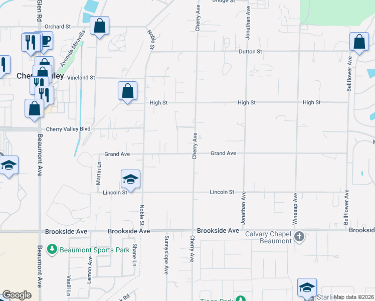 map of restaurants, bars, coffee shops, grocery stores, and more near 39992 Grand Avenue in Cherry Valley