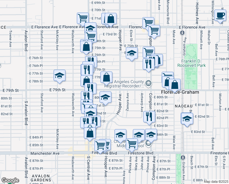 map of restaurants, bars, coffee shops, grocery stores, and more near 1244 Nadeau Street in Los Angeles