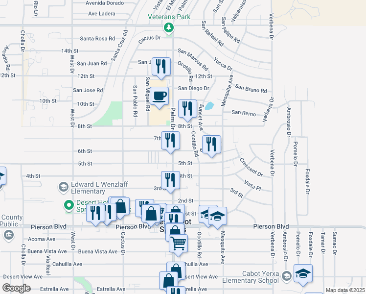 map of restaurants, bars, coffee shops, grocery stores, and more near 66540 6th Street in Desert Hot Springs