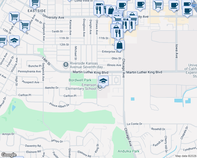 map of restaurants, bars, coffee shops, grocery stores, and more near 4523 Sandano Street in Riverside