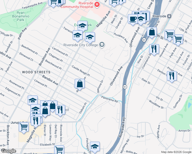 map of restaurants, bars, coffee shops, grocery stores, and more near 3565 Castle Reagh Place in Riverside