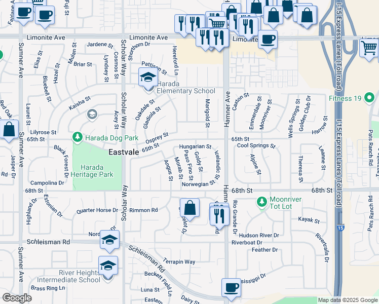 map of restaurants, bars, coffee shops, grocery stores, and more near 6645 Goldy Street in Corona