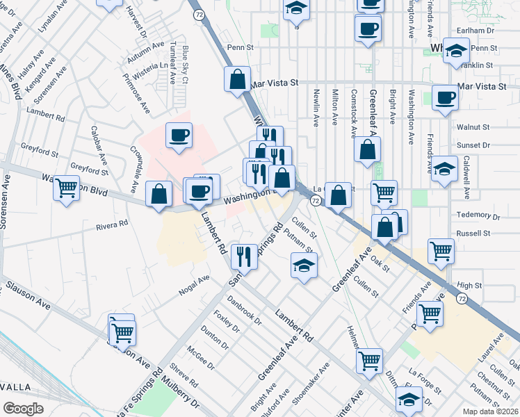 map of restaurants, bars, coffee shops, grocery stores, and more near 12542 Putnam Street in Whittier