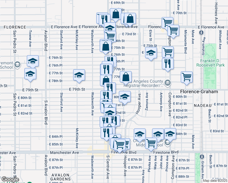 map of restaurants, bars, coffee shops, grocery stores, and more near 1124 Nadeau Street in Los Angeles