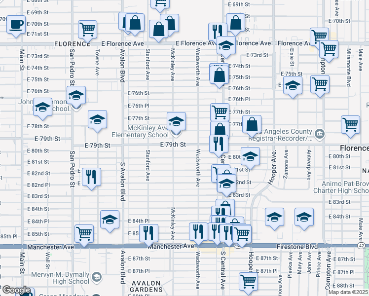 map of restaurants, bars, coffee shops, grocery stores, and more near 828 1/2 East 79th Street in Los Angeles