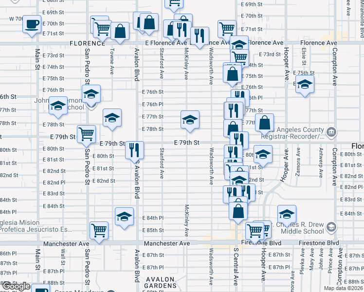 map of restaurants, bars, coffee shops, grocery stores, and more near 741 East 79th Street in Los Angeles