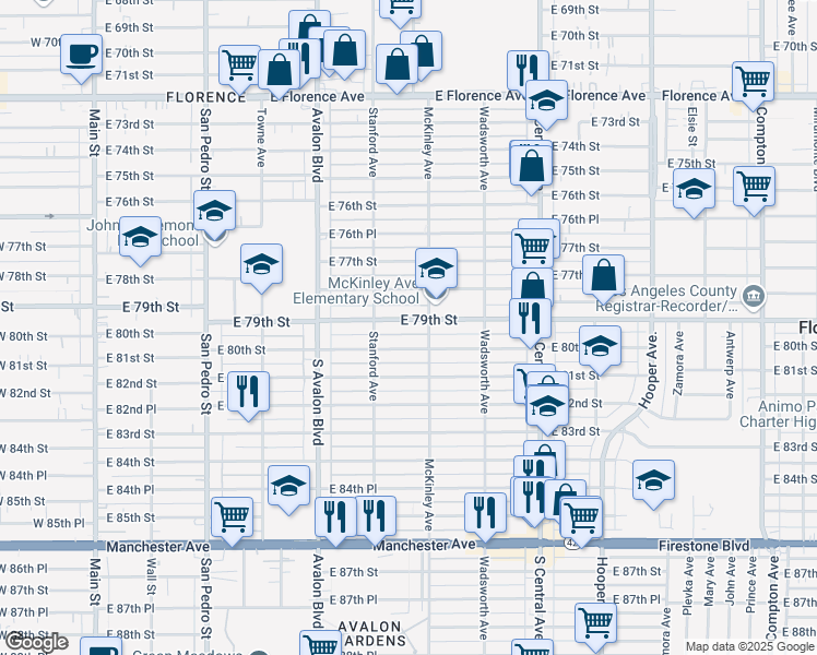 map of restaurants, bars, coffee shops, grocery stores, and more near 741 East 79th Street in Los Angeles