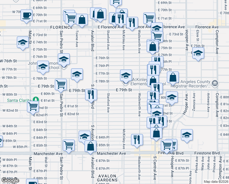 map of restaurants, bars, coffee shops, grocery stores, and more near 741 East 79th Street in Los Angeles