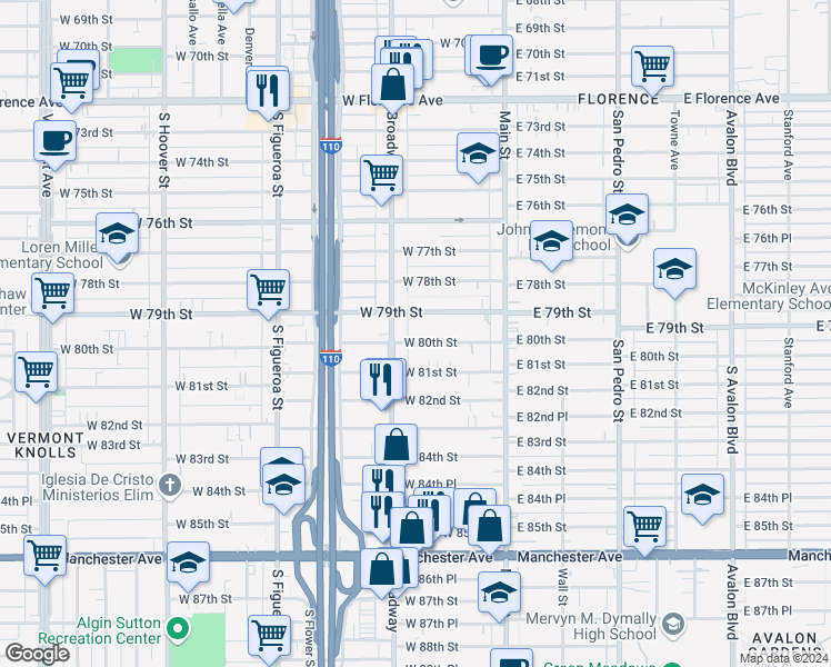 map of restaurants, bars, coffee shops, grocery stores, and more near 7912 South Broadway in Los Angeles
