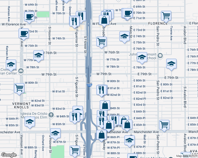 map of restaurants, bars, coffee shops, grocery stores, and more near 332 West 79th Street in Los Angeles