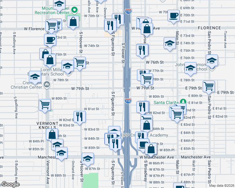 map of restaurants, bars, coffee shops, grocery stores, and more near 7912 South Figueroa Street in Los Angeles