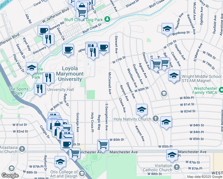 map of restaurants, bars, coffee shops, grocery stores, and more near 7916 McConnell Avenue in Los Angeles
