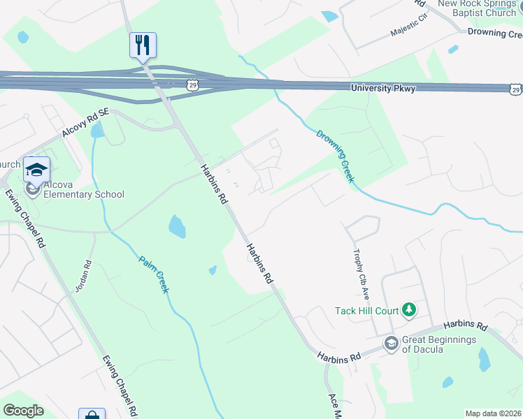 map of restaurants, bars, coffee shops, grocery stores, and more near 2438 Courtney Renea Drive in Dacula