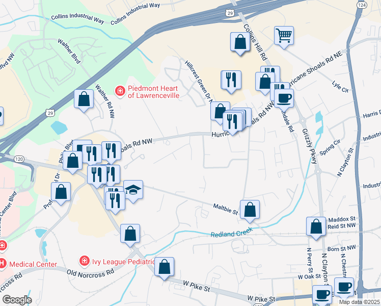 map of restaurants, bars, coffee shops, grocery stores, and more near 559 Whitehall Lane in Lawrenceville