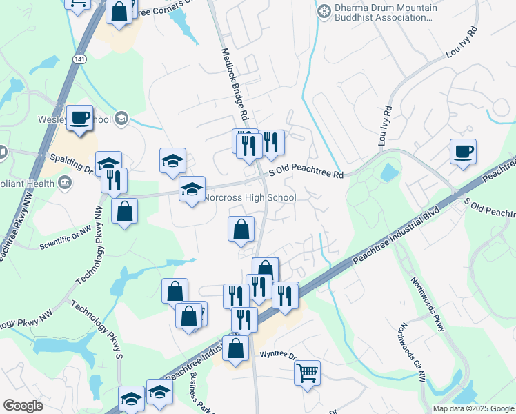 map of restaurants, bars, coffee shops, grocery stores, and more near 5211 Montine Way in Norcross