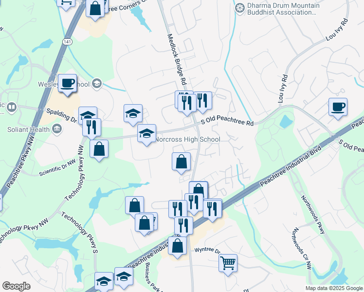map of restaurants, bars, coffee shops, grocery stores, and more near 3175 Rock Port Circle in Norcross