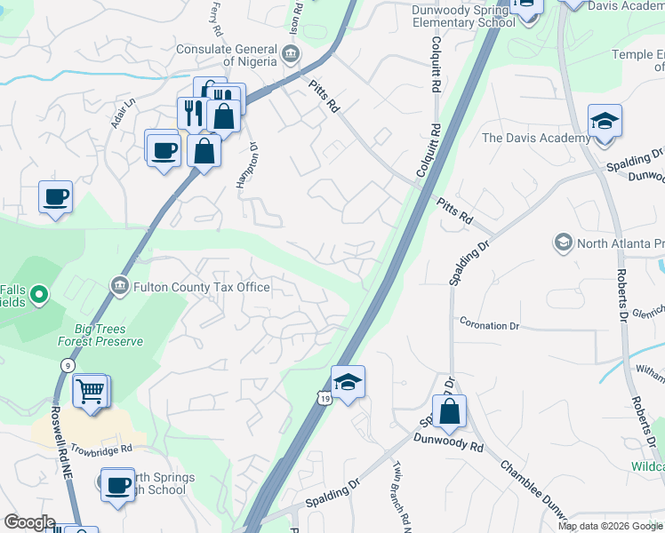 map of restaurants, bars, coffee shops, grocery stores, and more near 3001 Wingate Way in Sandy Springs