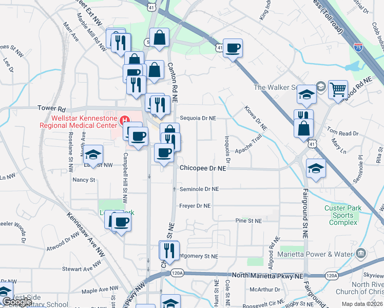 map of restaurants, bars, coffee shops, grocery stores, and more near 654 Etowah Drive NE in Marietta