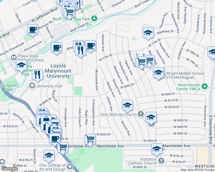 map of restaurants, bars, coffee shops, grocery stores, and more near 7933 Kenyon Avenue in Los Angeles