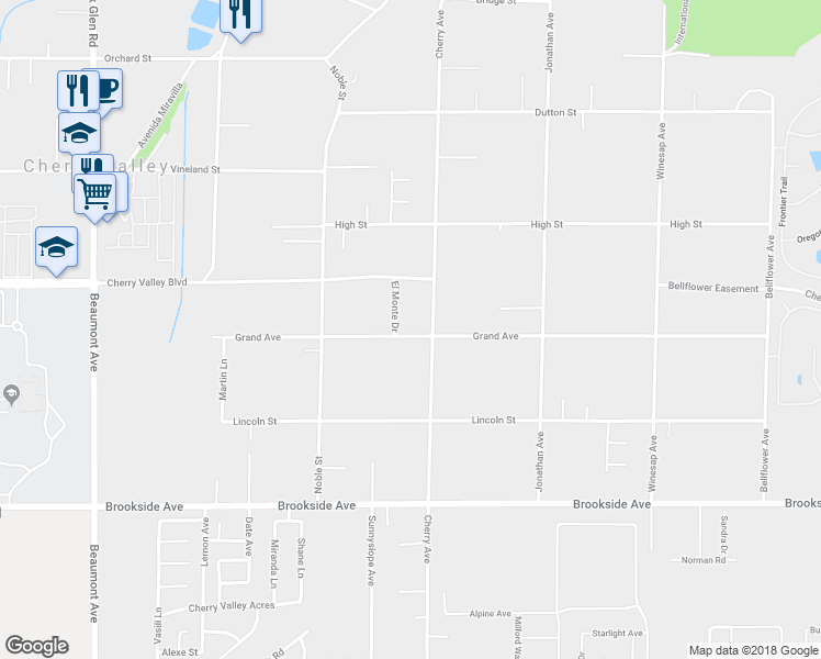 map of restaurants, bars, coffee shops, grocery stores, and more near 39954 Grand Avenue in Cherry Valley