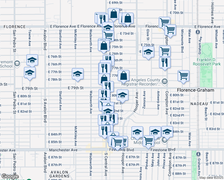map of restaurants, bars, coffee shops, grocery stores, and more near 1124 Nadeau Street in Los Angeles