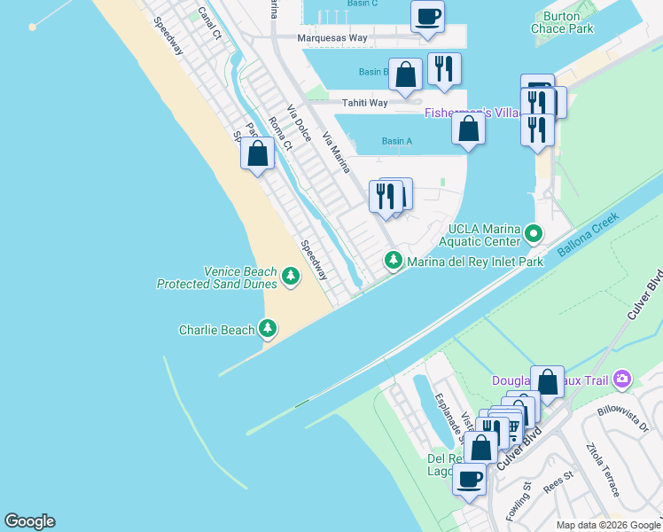 map of restaurants, bars, coffee shops, grocery stores, and more near 30 Voyage Street in Marina del Rey