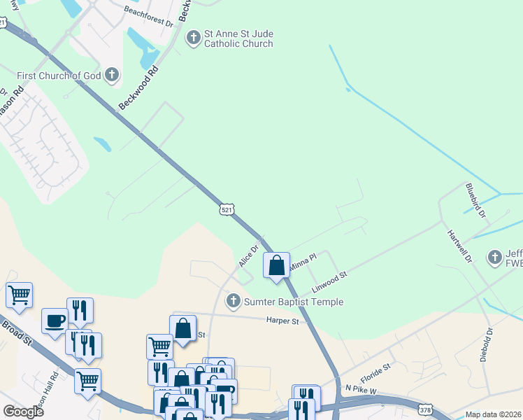 map of restaurants, bars, coffee shops, grocery stores, and more near 1505 Camden Highway in Sumter