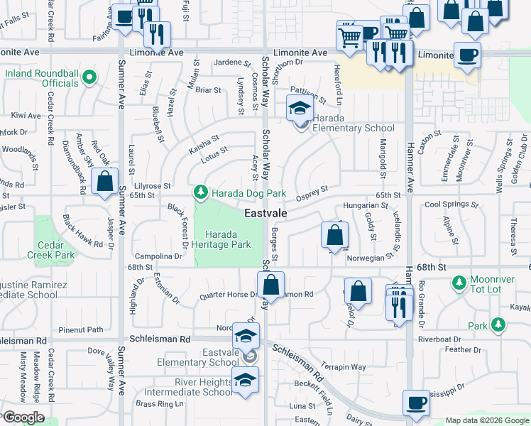 map of restaurants, bars, coffee shops, grocery stores, and more near 13301 Wooden Gate Way in Corona