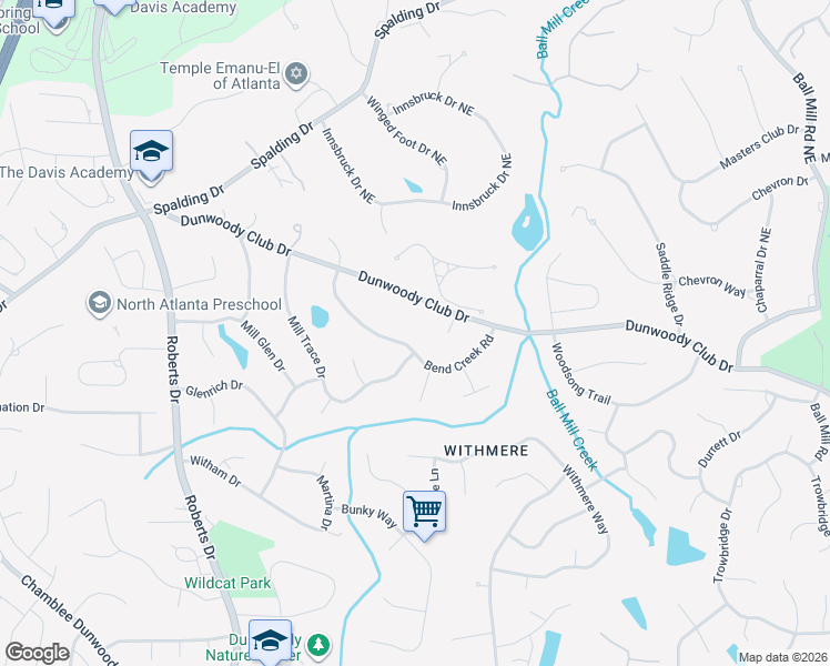 map of restaurants, bars, coffee shops, grocery stores, and more near 3569 Dunwoody Club Drive in Atlanta