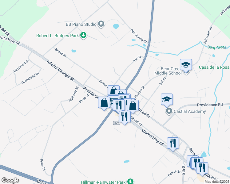 map of restaurants, bars, coffee shops, grocery stores, and more near 1884 Broad Street in Statham