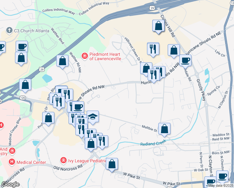 map of restaurants, bars, coffee shops, grocery stores, and more near Haymarket Lane in Lawrenceville