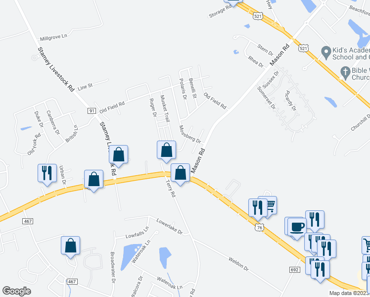 map of restaurants, bars, coffee shops, grocery stores, and more near 1530 Ruger Drive in Sumter