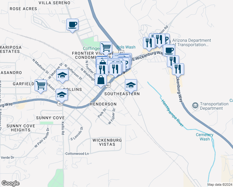 map of restaurants, bars, coffee shops, grocery stores, and more near 147 South Frontier Street in Wickenburg