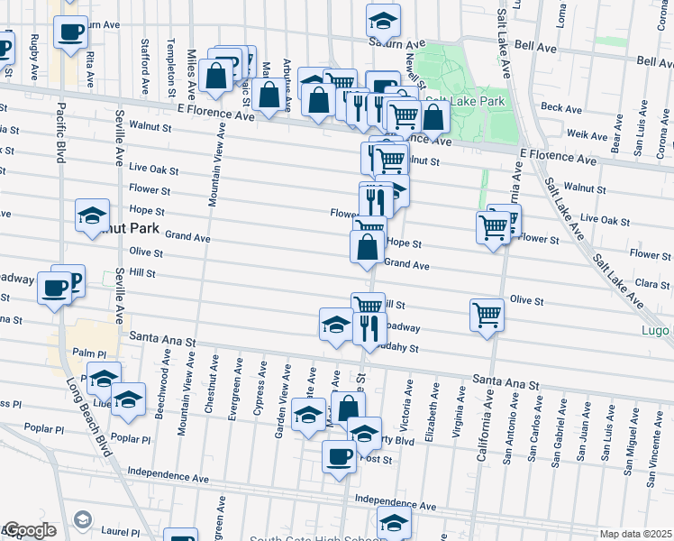 map of restaurants, bars, coffee shops, grocery stores, and more near 3153 Olive Street in Huntington Park