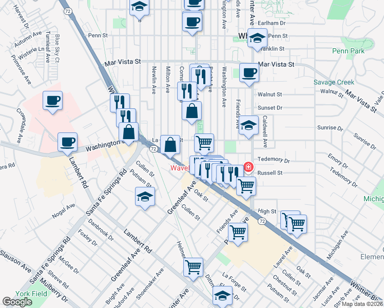 map of restaurants, bars, coffee shops, grocery stores, and more near 8031 Greenleaf Avenue in Whittier