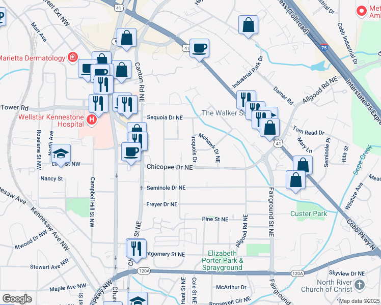 map of restaurants, bars, coffee shops, grocery stores, and more near 645 Iroquois Drive in Marietta
