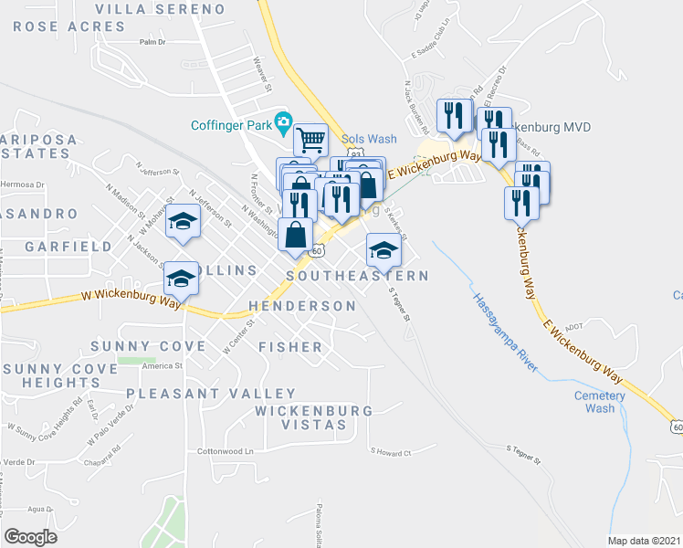 map of restaurants, bars, coffee shops, grocery stores, and more near 147A South Frontier Street in Wickenburg