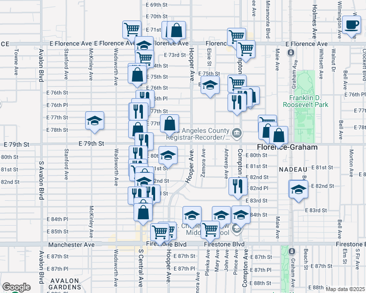 map of restaurants, bars, coffee shops, grocery stores, and more near 1244 Nadeau Street in Los Angeles
