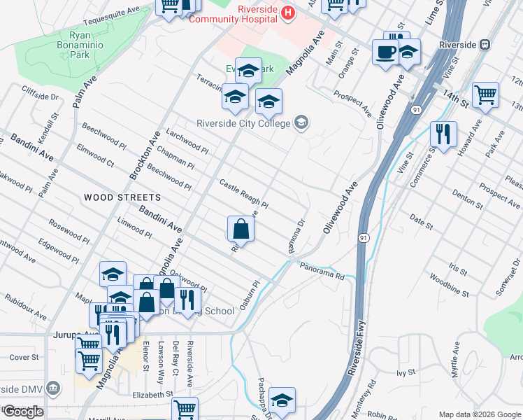 map of restaurants, bars, coffee shops, grocery stores, and more near 3594 Castle Reagh Place in Riverside