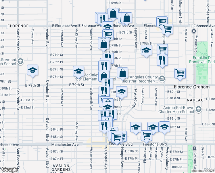 map of restaurants, bars, coffee shops, grocery stores, and more near 1124 Nadeau Street in Los Angeles