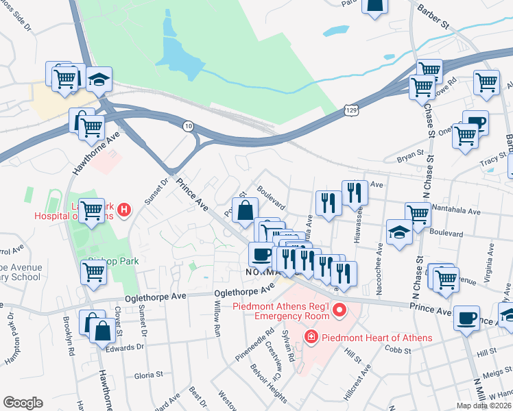 map of restaurants, bars, coffee shops, grocery stores, and more near 275 Boulevard Heights in Athens